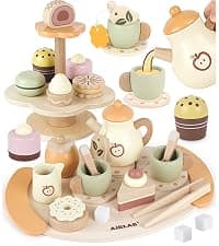 Wooden Play Food Toy Sets for Kids Kitchen Accessories Age 3 4 5 6 Wood Educational Toys Tea Sets for 3-5 Girl Birthday Gift 3 Year Old Princess Party B0CQ2PFTXC