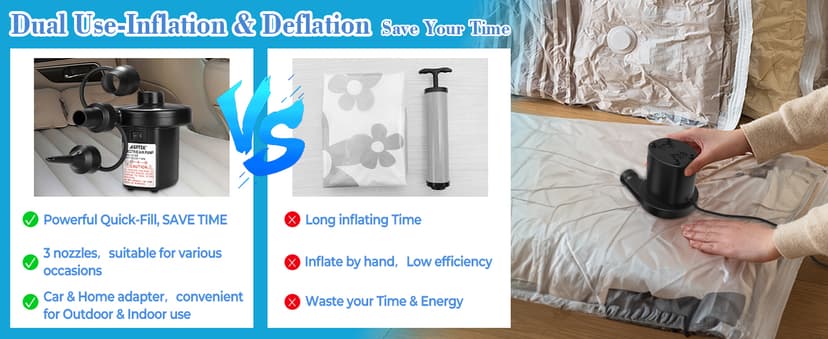 AGPTEK Electric Air Pump,Portable Air Pump with 3 Nozzles, 4.5kPa Quick-Fill,110V AC/12V DC Inflator/Deflator Pumps for Outdoor Camping, Inflatable Air Mattress Beds, Boats, Swimming Ring