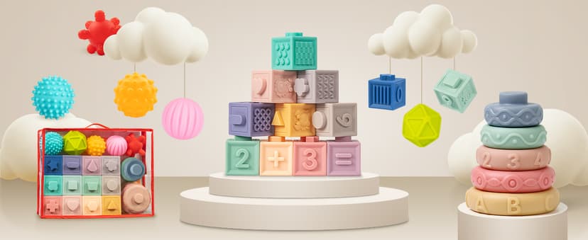 Jyusmile Baby Toys 6-12 Months, Montessori Toy for Babies 6-12 Months, Incl Stacking Building Blocks & Soft Infant Teething Toys & Sensory Balls for Toddlers 0-3-6-9-12 Month B0B2P5GK1Y