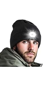 Bluetooth Beanie with Light, Headlamp Hat with Headphones and Built-in Speaker Mic, Unique Christmas Gifts for Men Husband