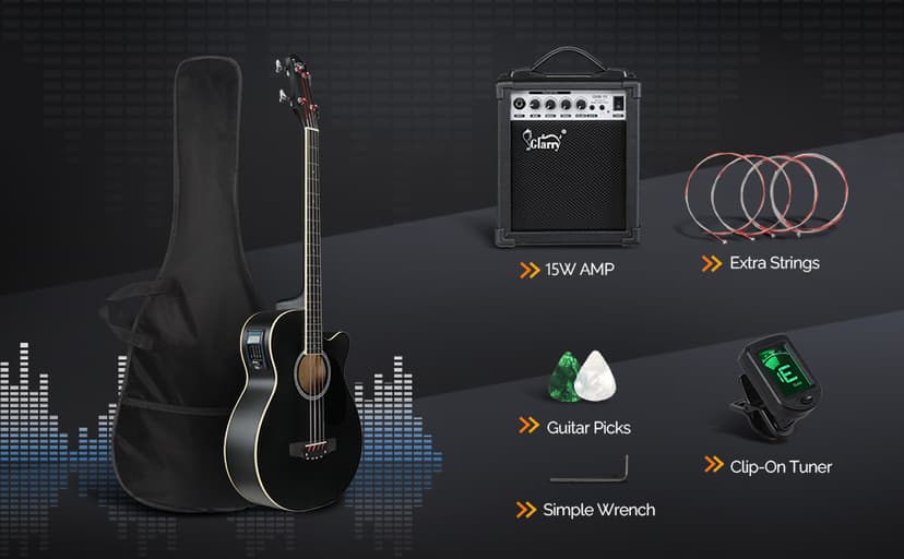 GLARRY Full Size Acoustic Electric Bass Guitar Beginner Kit w/ 15W Amp, Cutaway 4 Strings Electric Acoustic Bass Guitar w/Inbuilt Tuner, Bag, Strap, Picks, Strings, Bass Guitarra,Matte Black