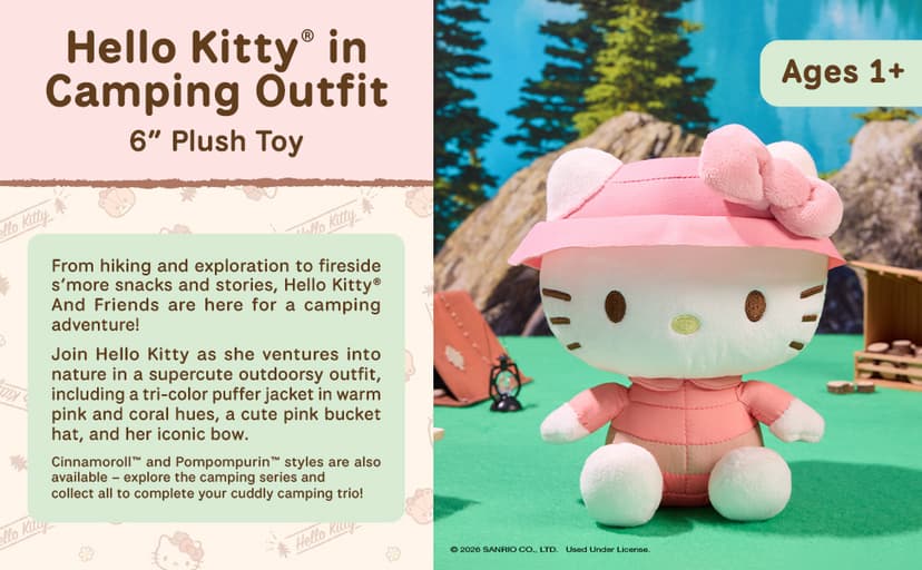 Promotes Exciting Character Roleplay, Early Sensory Discovery, and Creative Pop Culture Storytelling; Soft, Collectible Plush GUND Sanrio Hello Kitty 6-Inch Plush Toy with Camping Outfit for Ages 1+ B0FKTPX44P
