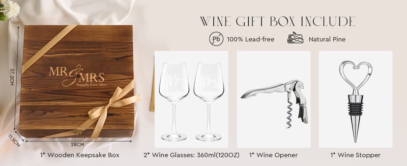 AW BRIDAL Wedding Gifts Bridal Shower Gifts Engagement Gift for Couples Newlyweds Mr & Mrs Wedding Wine Glasses Set of 2 - Wine Opener Wine Stopper with Engraved Wooden Keepsake Box