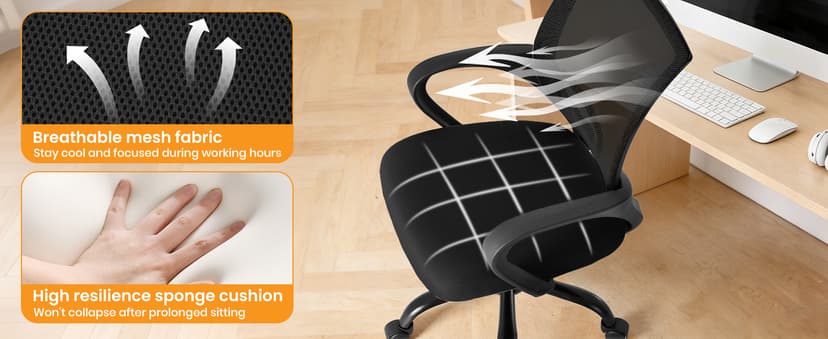 OLIXIS Office Desk Chair - Ergonomic Mid Back with Lumbar Support & Rocking Mode, Height Adjustable with Fixed Armrest, Storage Back for Computer, Gaming, Conference, Meeting, 360° Swivel, Black