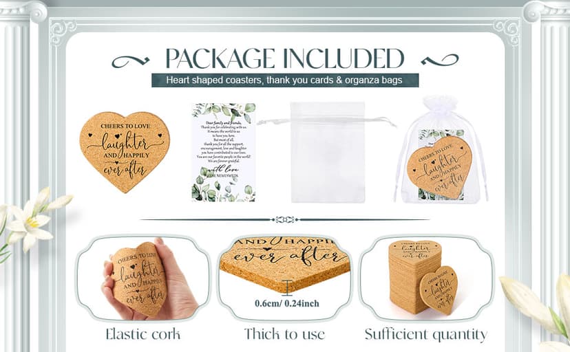 Uiifan 50 Set Wedding Favors for Guest Coaster Gifts Bulk Heart Shaped Coasters Thank You Cards Organza Bags Guest Souvenirs for Wedding Party Bridal Favors