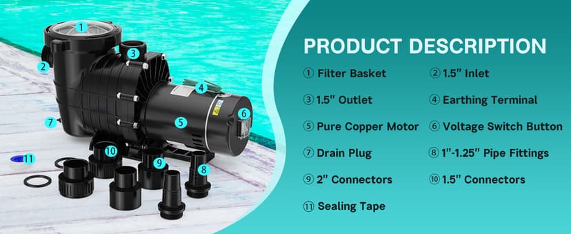 Pool Pump Above Ground/Inground, 2 HP 6900GPH Powerful Selfpriming Pool Pumps for 15,000-31,000 Gallons Pools, Dual Voltage Swimming Pool Pump with Strainer Basket & Drain Plug (2.0HP)