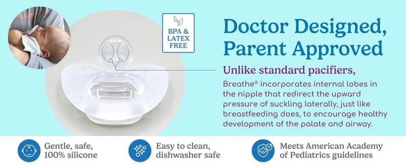 Breathe Baby Pacifier – Patented Design for Natural Oral & Facial Development - BPA-Free, Latex-Free, Pediatrician Developed - Dishwasher Safe 2 Pack (Stage 1: 0-3 Months)