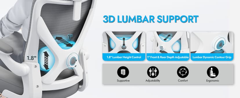 Ergonomic Office Chair: White Computer Desk Chair Comfy Gaming Chair for Adults - Office Chair with Lumbar Support & Headrest - Executive Office Rolling Chairs for Home Work (Grey)