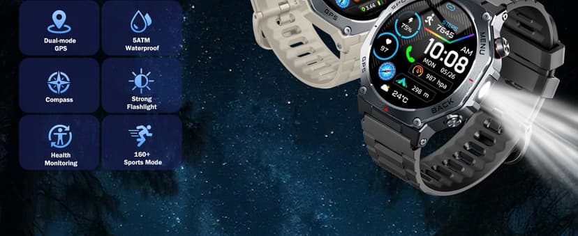 Military Smart Watch for Men Built-in GPS with LED Flashlight Compass, 1.43" AMOLED Display 5ATM Waterproof Fitness Tracker with Heart Rate/Sleep/Blood Pressure, Watches for Android/iPhone, Black