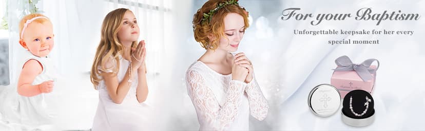 Baptism Bracelet in Sterling Silver and Cultured Pearls for Baby Girls, with Silver-plated Jewelry Keepsake Box, Great Catholic Christening and Baptism Gifts for Girl