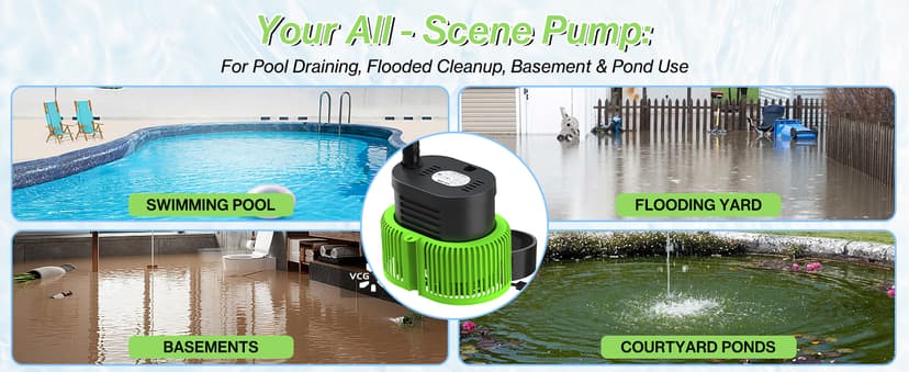 Pool Cover Pump above Ground - Submersible Water Sump Pump Swimming Water Removal Pumps, with Drainage Hose & 25 Feet Extra Long Power Cord, 850 GPH inGround, 3 Adapters