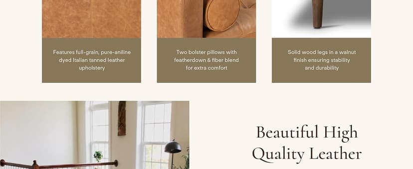 POLY & BARK Napa 88.5" Leather Sofa – Full-Grain Italian-Tanned Aniline Leather, Feather-Down Comfort, Solid Wood Frame, Walnut Legs, Cognac Tan