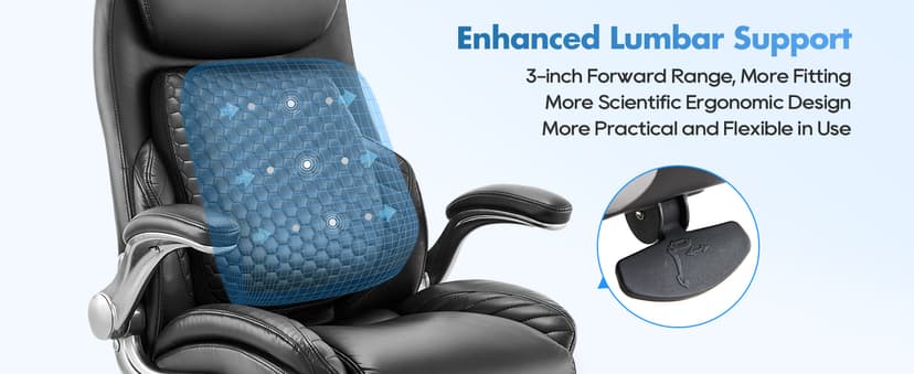 COLAMY Office Ergonomic Desk High Back Executive Chair with Pop-Out Lumbar Support, Upgraded Casters, Adjustable Headrest, Flip-Up Arms, Leather Home with Thick Cushion for Comfort - Black