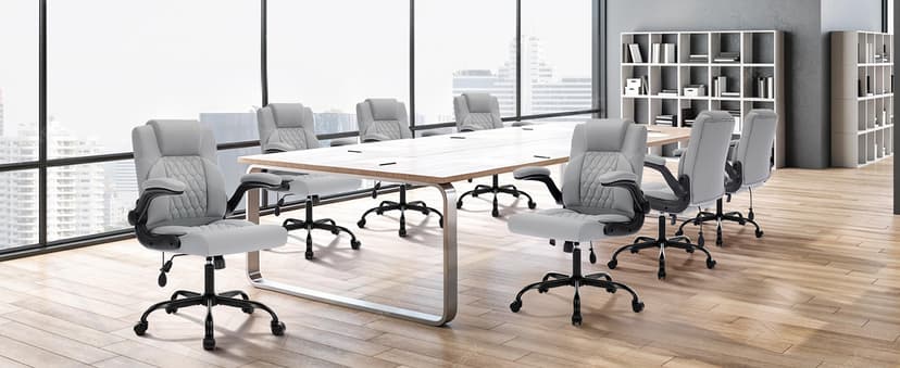 Office Chair with Adjustable Inflatable Lumbar Support,Leather Ergonomic Computer Desk Chair with Flip-up Arms,Adjustable Tilt Lock,Swivel Rolling Executive PC Chair for Work,Study,Meeting.Grey
