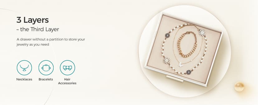 SONGMICS Jewelry Box Organizer with Glass Lid, 3-Layer Jewelry Storage, with 2 Drawers, Modern Style, Christmas Gift, 8 x 9.1 x 5.3 Inches, Cloud White and Gold Color UJBC239WT