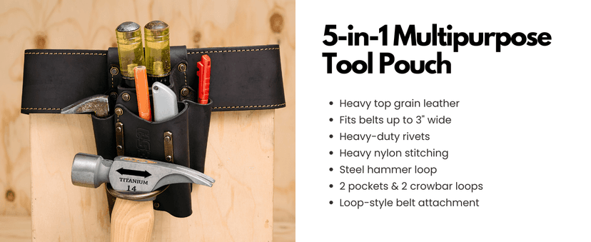 FESA Small Leather Tool Pouch - 5-in-1 Heavy Top Grain Leather Small Tool Pouch with a Steel Hammer Loop, 4 Pockets & Reinforced Heavy Duty Rivets - Fits Belts up to 3" - Handcrafted