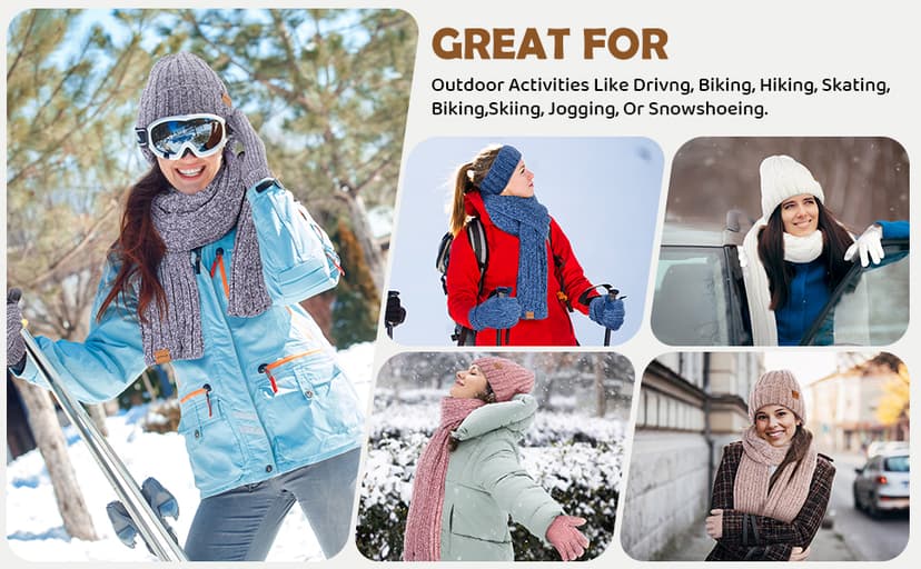 Women Beanie Scarf Gloves Headband Set, Chenille Winter Hats Fleece Lined Ear Warmer Knit Scarf Touchscreen Gloves 4 Gift Set
