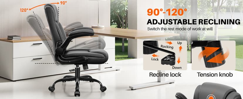 BestEra Leather Office Chair, Ergonomic Executive Desk Chair with Adjustable Armrests, 360° Swivel, High Back & Lumbar Support for Home Office (Black)