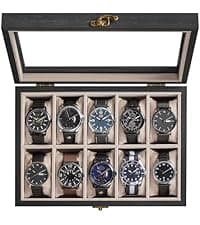 SONGMICS SONGMICS Watch Box, 12-Slot Watch Case Organizer with Large Glass Lid, 2 Layers, Removable Pillows, Metal Lock, Gift for Loved Ones, Black Synthetic Leather, Gray Lining UJWB012