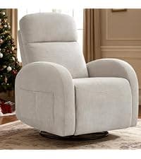 Rocking Recliner Nursery Chair, Swivel Recliner Glider for Nursery with 2 Pockets, Reclining Rocking Chair, Manual Recliners for Living Room, Bedroom, Cream White Chenille