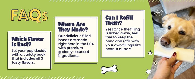 Pawstruck Large 5-6” Filled Dog Bones Variety Pack - Peanut Butter, Cheese & Bacon, Beef Flavors - Made in USA, Long Lasting Stuffed Femur Treat for Aggressive Chewers - Pack of 3, Packaging May Vary