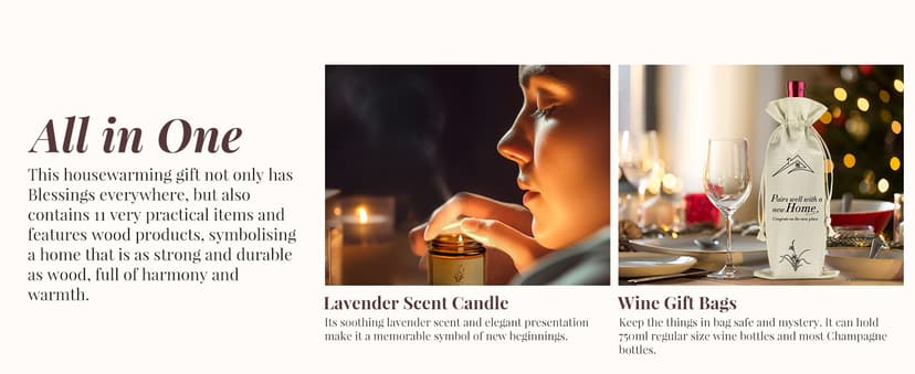 Synhonty New Home Gift Ideas Basket, 11 Pcs: Bamboo Serving Board, Wooden Decoration, Soy Candle, Towels & More - White