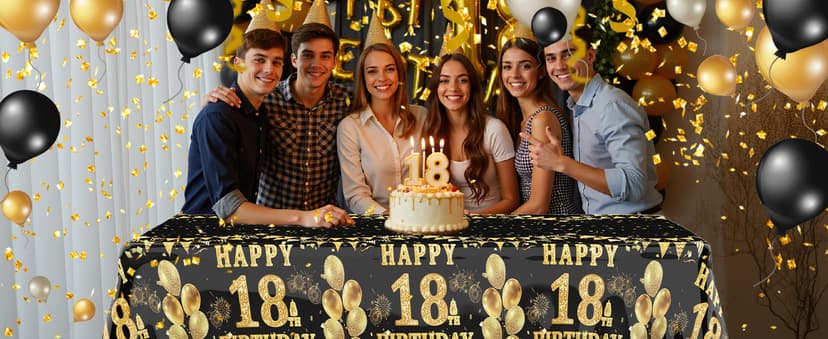 Labeol 3 Pack 18th Birthday Tablecloth, Black and Gold Happy 18th Birthday Decorations, Disposable Plastic Rectangular Table Cover Party Supplies for Boys Girls