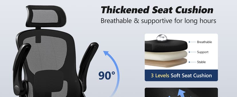 Ergonomic Office Chair, High Back Desk Chair with Flip-up Arms, 300 LBS Mesh Computer Chair with Adjustable Headrest & Lumbar Support, Comfy Gaming Chair for Adults, Home Office Desk Chairs (Black)