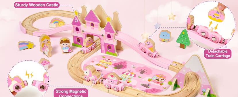 Princess Castle & Magnetic Trains, Compatible with Most Wooden Train Tracks, Birthday Gift for Girls 3 4 5 Year Old Atoylink Wooden Train Set for Toddler Girls, 40Pcs Pink Unicorn Train Toys B0H6HGYDWR