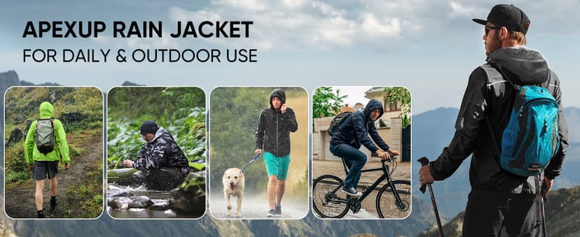 APEXUP Packable Rain Jacket Men with Reflective Zipper, Lightweight Waterproof Raincoat, Mens Rain Jacket for Outdoor Sports