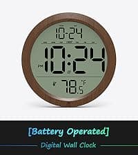 Digital Wall Clock with Date, Indoor Temperature, Auto-DST, Battery-Operated Digital Clock, 8 Inch Small Decorative Wood Wall Clock for Bedroom, Living Room, Kitchen, Office, Modern, Electric, Simple