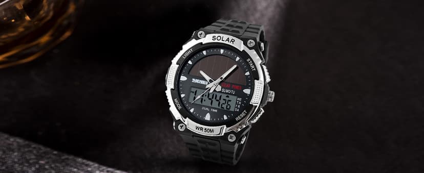 MASTOP Solar Powered Energy Watch for Men Military Digital Multifunctional Led Luminous Indication 2 Time Zone 50m Waterproof Watch Reloj Solar para Hombre
