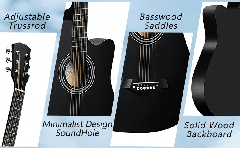 38inch Wood Acoustic Guitar, 6 Steel-String Acoustic Guitar With Guitar Bag, Elementary Tutorial of Folk Guitar for Beginners and Adults. (Black)