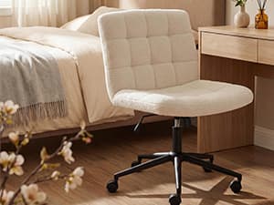 Furnimart Swivel Criss Cross Legged Chair with Wheels for Home Office, Wide Armless Desk Chair Height Adjustable Comfy Seat for Desk,Vanity, Bedroom, Faux Fur White