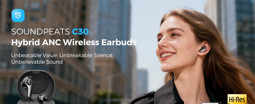 SOUNDPEATS C30 Hybrid ANC Earbuds with LDAC Hi-Res Audio, 52H Playtime -52dB Adaptive Noise Cancelling Wireless Earbuds, 6-Mic Clear Call, 12mm Driver, Bluetooth 6.0, Multi-Point, IP54 for Work/Travel