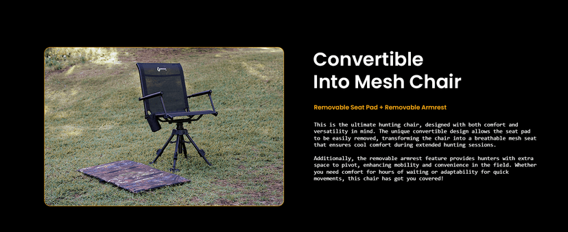 ARROWHEAD OUTDOOR Wide Folding 360° Hunting Swivel Blind Chair with Removable Camouflage Seat Pad, Armrest, No-Sink Feet, Shoulder Strap, Mesh Chair, Adjustable Height
