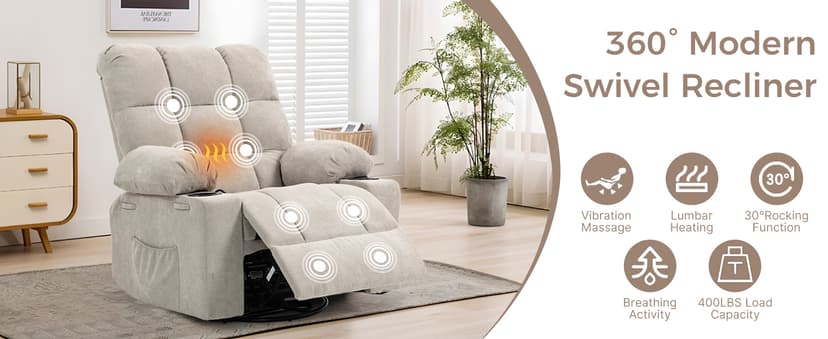 Quiet Massage Recliner Chair with Heat, 360 Swivel Rocker Glider for Nursing, Back Pain Relief, Manual Overstuffed Single Sofa with Cup Holders & Side Pockets, Oatmeal Gray