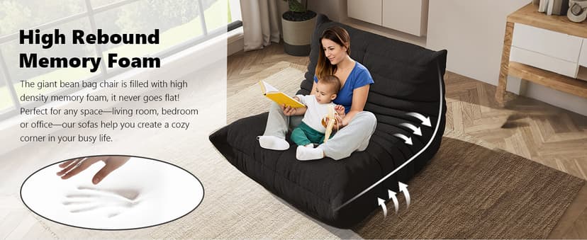 Bean Bag Chair for Adults, Comfy Floor Chair Memory Foam Bean Bag Chair, Cozy Lounge Floor Chair for Gaming, Reading & Relaxation, Small Foam Couch for Living Room, Bedroom(Black,Single)