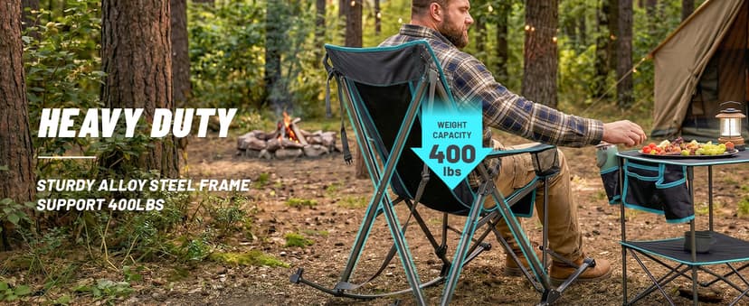 FUNDANGO Oversized Rocking Camping Chair for Adults, Portable Folding Lawn Chairs for Outside with Pillows, Wide Armrest, 2 Cup Holders, Carry Bag for Patio Garden Outdoor Supports 400Lbs (Black/Blue)