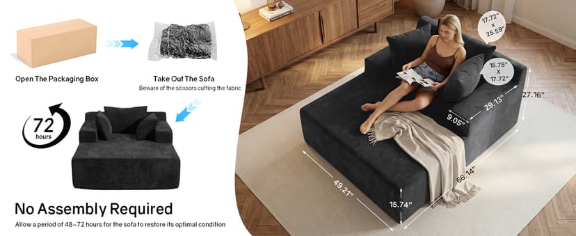 66" Chaise Lounge Chair Indoor, Oversized Boneless Lounge Chair with 3 Pillows, Chenille Cloud Reading Chair for Living Room Bedroom, Deep Seat Sleeper Couch, No Assembly Required