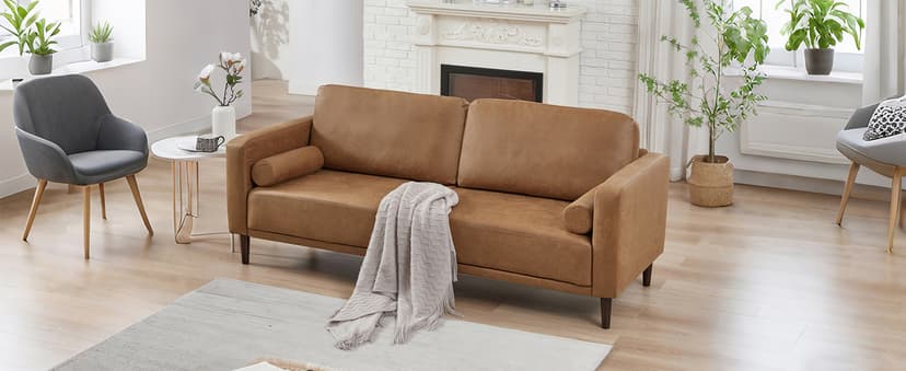 HIFIT Sofa Couches, 79” Mid-Century Modern Couch, Breathable Faux Leather Couch with Upholstered Cushions/Pillows, 3-Seat Sofas & Couches, for Living Room Apartment Office, Brown