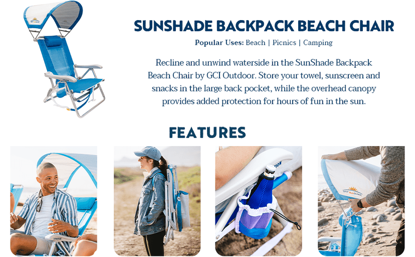 GCI Outdoor Sunshade Backpack Beach Chair | Reclining Folding Canopy Chair with Durable Armrests, Drink Holder & Carry Straps, Perfect for Beach Trips & Picnics — Saybrook Blue