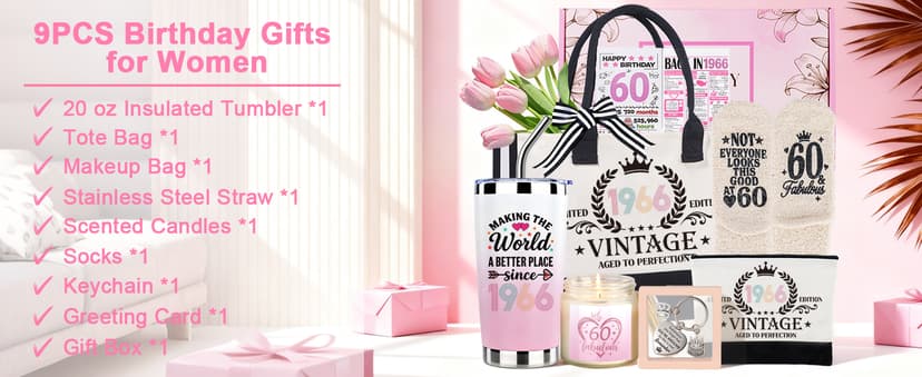 60th Birthday Gifts for Women, Vintage 1966 Birthdays Gift For Her, Cool 60 Year Old Birthday Gifts Set For Mom Wife Sister Friends Coworkers, Unique Gift Ideas With Tumbler Greeting Card Tote Bag B0H1LC1S74