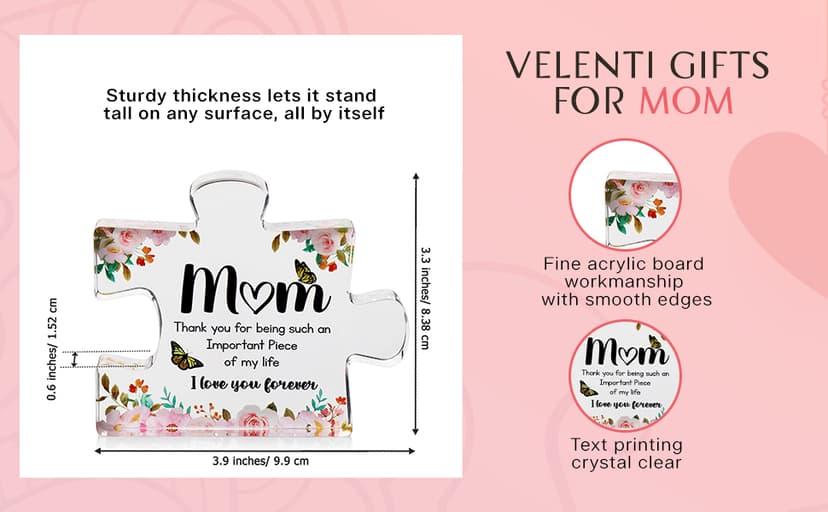 VELENTI Gifts for Mom - Cute Engraved Acrylic Block Puzzles Piece - Adorable Mom Gift from Son, Daughter - Fun Christmas, Mothers Day, Birthday Gift Idea for Mom - Fancy Decoration Piece for Home