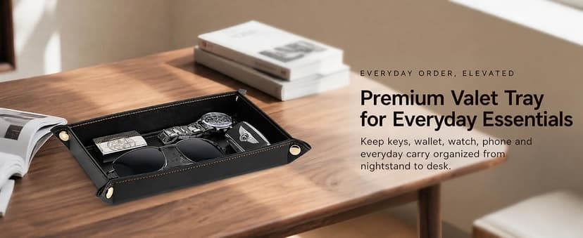 Travel Valet Tray for Keys, Wallet, Watch, Phone and Glasses, Nightstand Dresser Desk Entryway Organizer for Men and Women VLANDO Valet Tray for Men, Foldable PU Leather Catchall Tray, Black B0H5VHQ9Q9