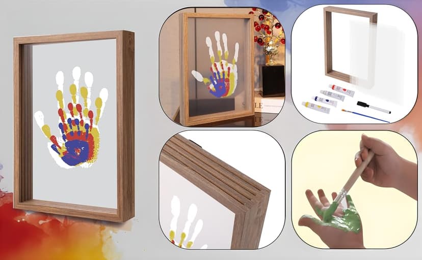 Family Handprint Kit, DIY Craft Keepsake Wooden Frame, Endless Gift Set, Non-Toxic Paints, Transparent Sheets (Brown)