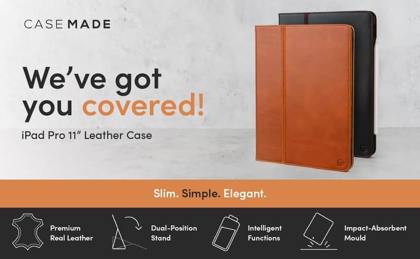 Casemade Real Leather Case Compatible with iPad Pro 11” 1st/2nd/3rd/4th Gen (2018/2020/2021/2022) - Full-Grain Leather Cover, Auto Sleep/Wake, Dual Stand Position (Tan)