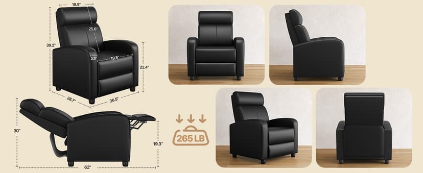 Yaheetech Recliner Chair PU Leather Recliner Sofa Home Theater Seating with Lumbar Support Overstuffed High-Density Foam & Pocket Springs, Push Back Recliners Armchair for Living Room