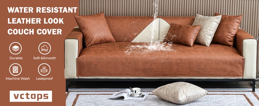 vctops Vintage Leather Look Sofa Cover Water Resistant Non-Slip Sectional Couch Cover Sofa Slipcover for Dogs, Children, Pets Furniture Protector (Coffee,43"x63")