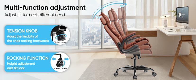Sytas Executive Office Ergonomic Chair with Adjustable Headrest, PU Leather Desk Chair, High-Back Swivel Task Chair for Home Office, 135° Reclining, Brown